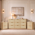 Vintagearth 3 Piece Dresser and Nightstand Set for Bedroom, Rattan 9-Drawer Dresser, 2-Drawer Nightstand Set of 2, Boho Bedroom Furniture Set, Natural Oak