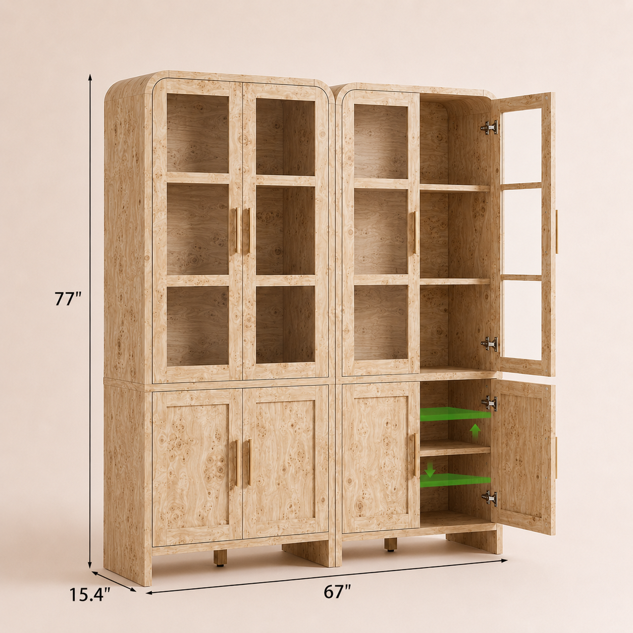 Vintagearth 77" Tall Kitchen Pantry Cabinet, 1.18'' Thick Panel Curved Storage Cupboard with Adjustable Shelf, Freestanding Organizer for Kitchen, Dining Room, Light Burl, 2 pc