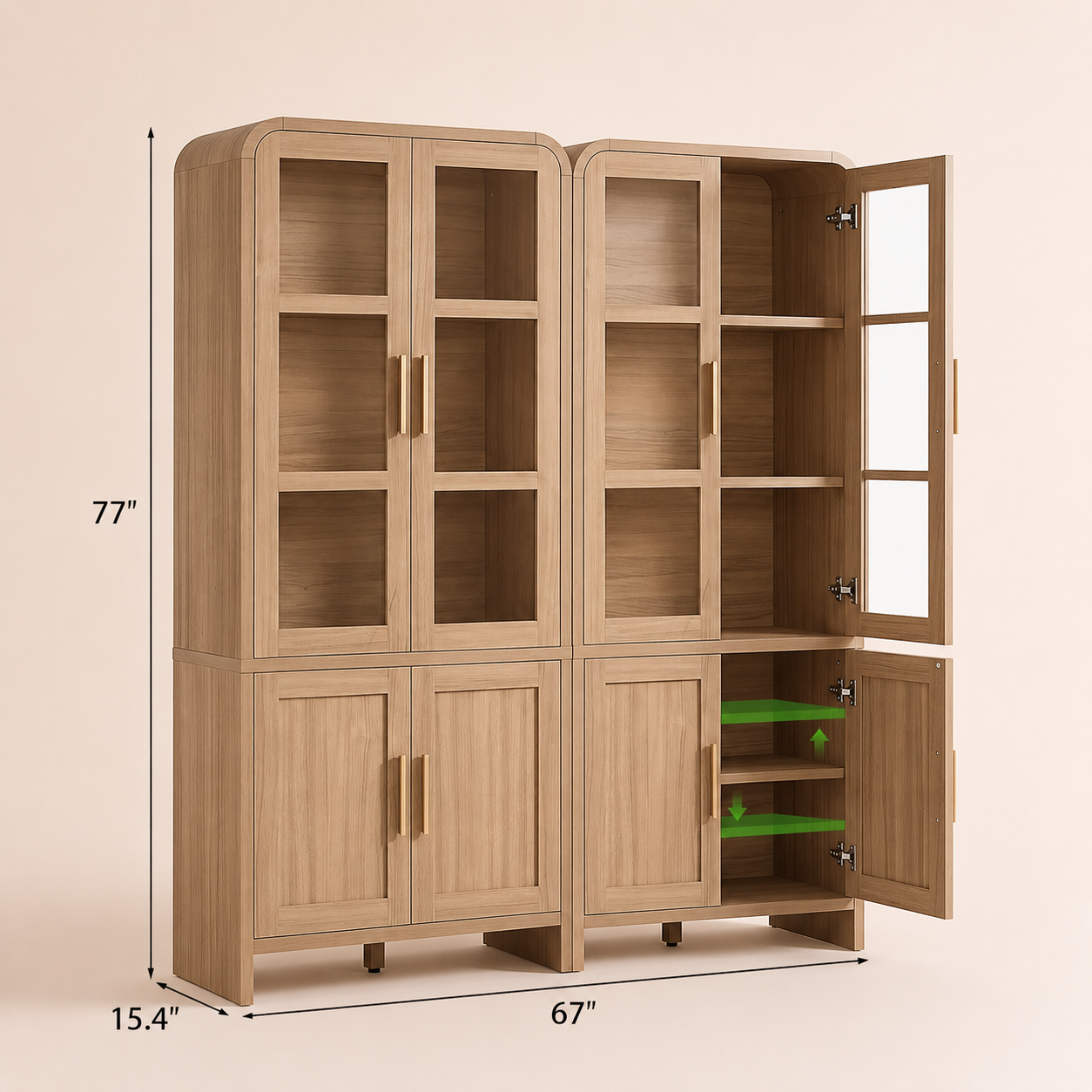 Vintagearth 77" Tall Kitchen Pantry Cabinet, 1.18'' Thick Panel Curved Storage Cupboard with Adjustable Shelf, Freestanding Organizer for Kitchen, Dining Room, Oak, 2 pc