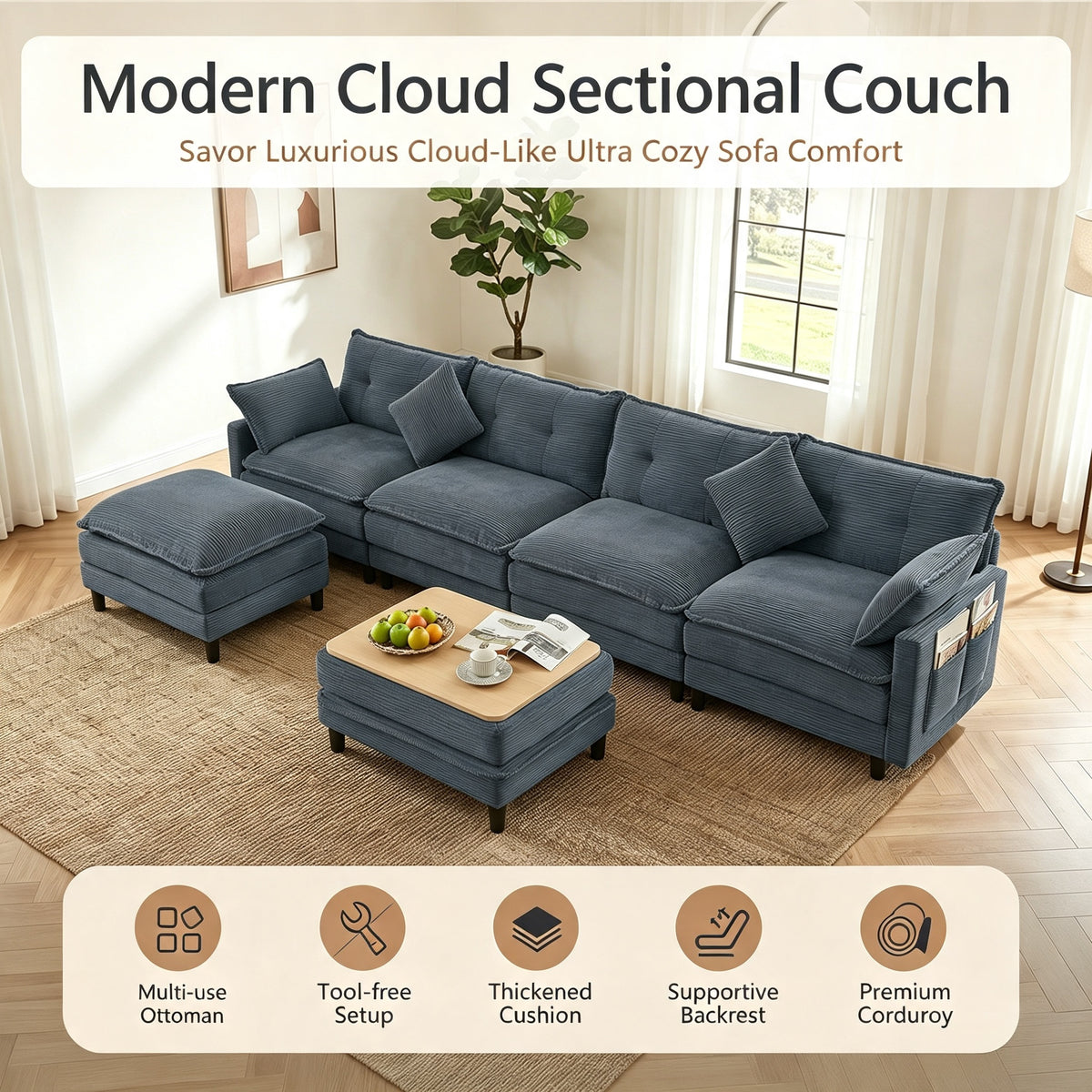 Vintagearth 141'' Sectional Modular Sofa U Shaped Cloud Couch with 2 Ottomans & 4 Pillows Tool-free Easy Assembly for Living Room Apartment, Gray