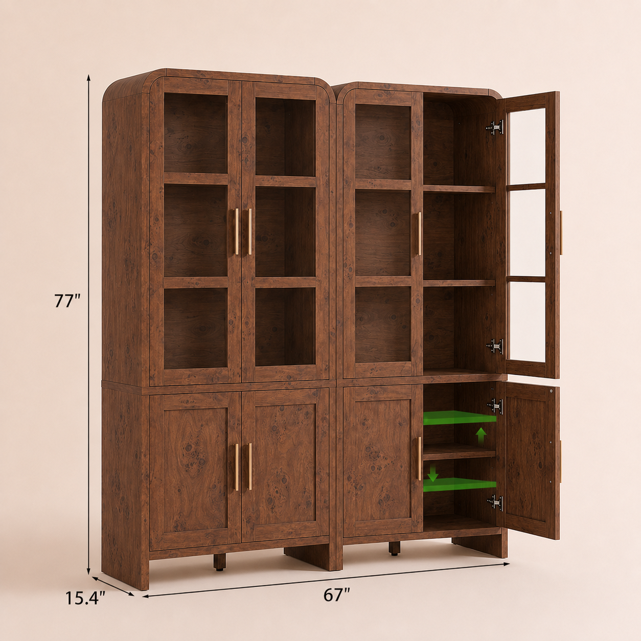 Vintagearth 77" Tall Kitchen Pantry Cabinet, 1.18'' Thick Panel Curved Storage Cupboard with Adjustable Shelf, Freestanding Organizer for Kitchen, Dining Room, Dark Burl, 2 pc