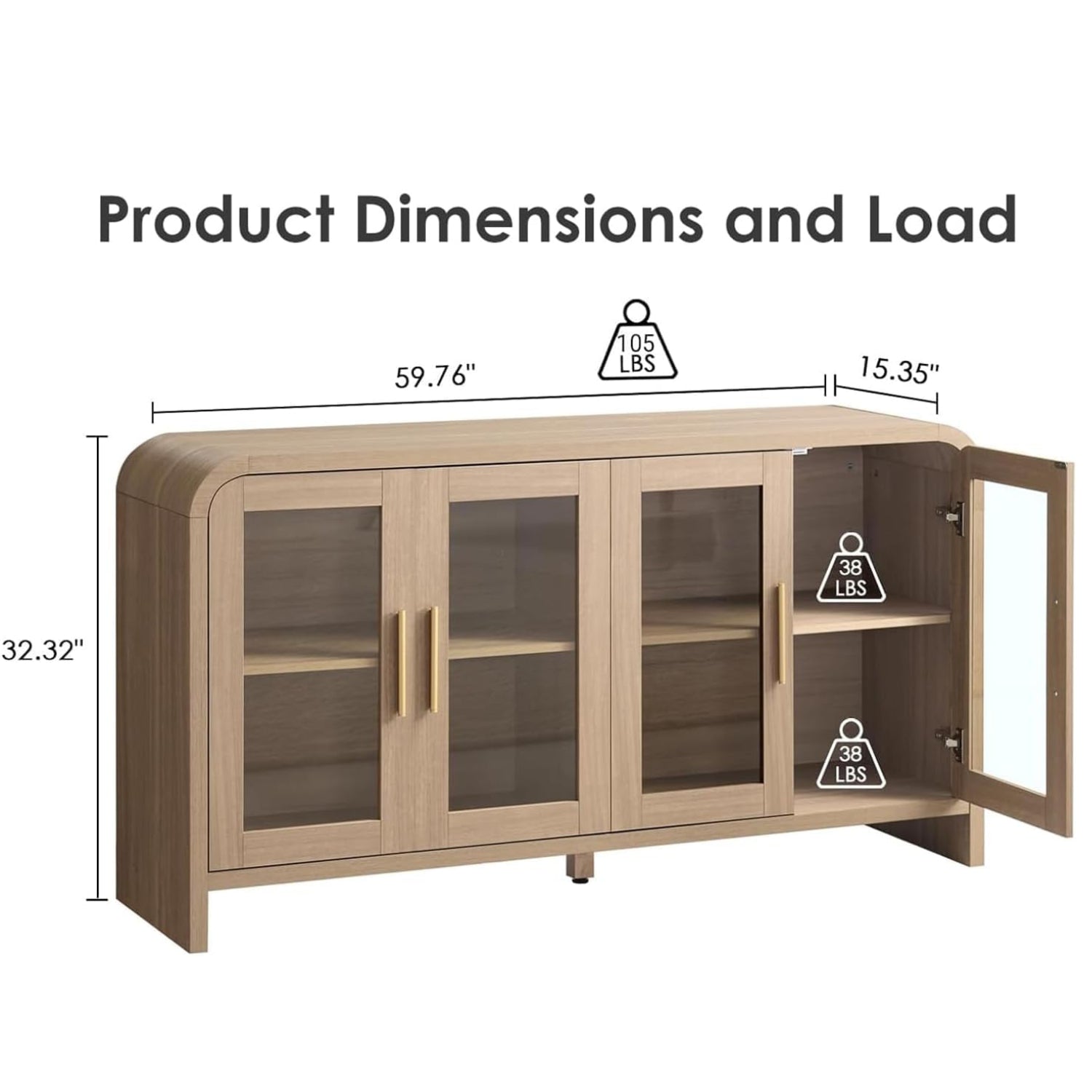 Vintagearth 60" Sideboard Buffet Cabinet with 4 Tempered Glass Doors, Adjustable Shelves, FSC-Certified Wood Storage Cabinet for Dining Room, Living Room, Entryway, Oak