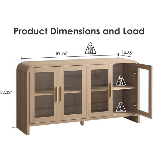 Vintagearth 60" Sideboard Buffet Cabinet with 4 Tempered Glass Doors, Adjustable Shelves, FSC-Certified Wood Storage Cabinet for Dining Room, Living Room, Entryway, Oak