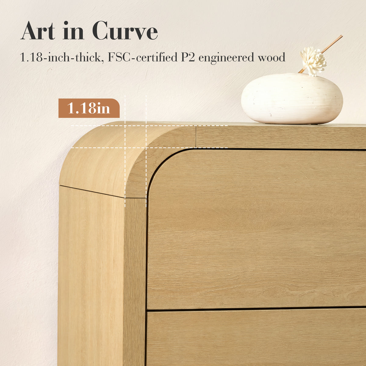 Vintagearth 6 Drawer Dresser for Bedroom, 54" Wide Storage Cabinet with Thick FSC-Certified Wood, Curved Edge Design, Large Capacity, Golden Oak