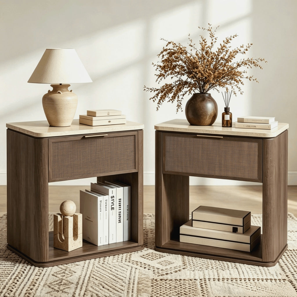 Vintagearth Nightstand Set of 2, 23.11" W Rattan Faux Marble Top Bedside Table, 1.97" Thick Wood End Table, 1 Drawer & 1 Open Storage Shelf, Dark Oak
