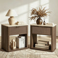 Vintagearth Nightstand Set of 2, 23.11" W Rattan Faux Marble Top Bedside Table, 1.97" Thick Wood End Table, 1 Drawer & 1 Open Storage Shelf, Dark Oak