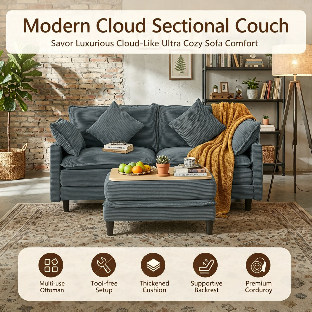 Vintagearth 73.5'' Sectional Modular Sofa Cloud Couch with 1 Ottomans & 4 Pillows Tool-free Easy Assembly for Living Room Apartment, Gray