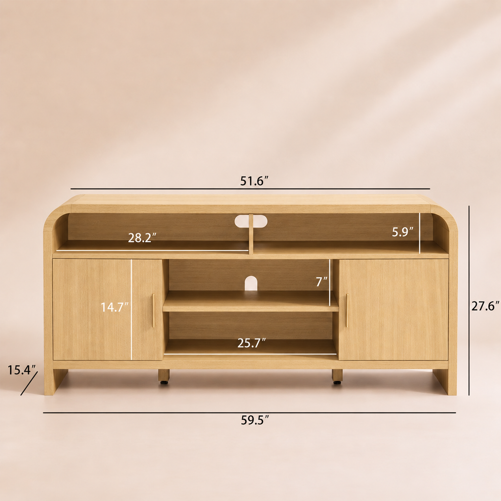 Vintagearth Modern Oak TV Stand for TVs up to 65", Curved Edge Entertainment Center with Storage Cabinets, Open Shelves, 1.22" FSC-Certified Thick Board, Golden Oak