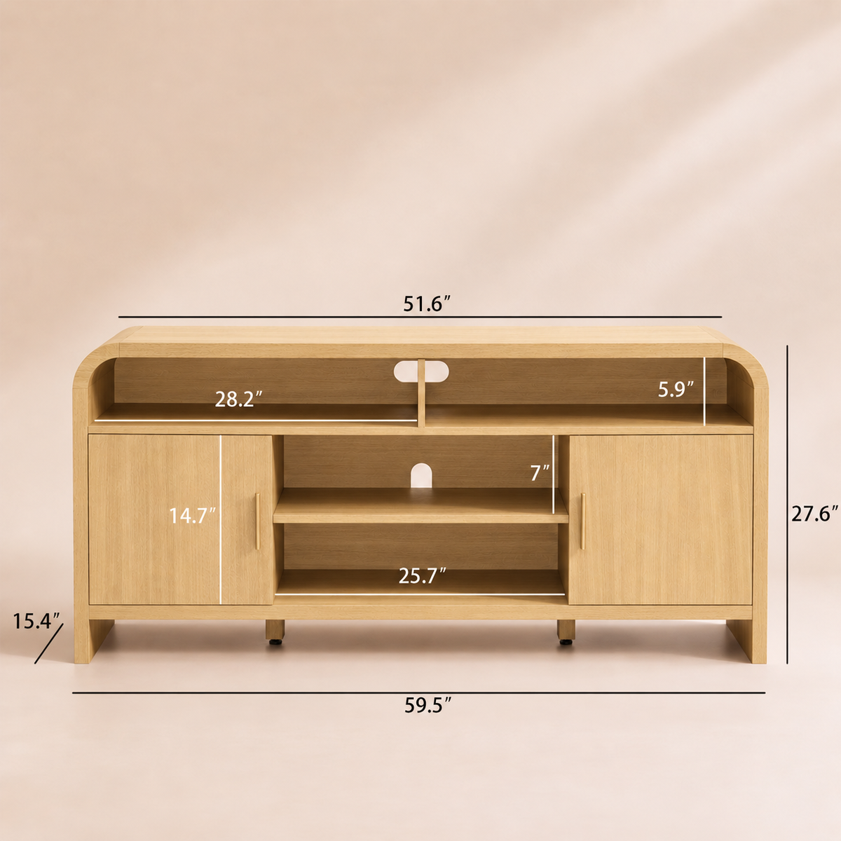 Vintagearth Modern Oak TV Stand for TVs up to 65", Curved Edge Entertainment Center with Storage Cabinets, Open Shelves, 1.22" FSC-Certified Thick Board, Golden Oak