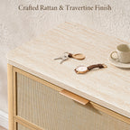 Vintagearth 9 Drawer Dresser for Bedroom, Rattan Fronts Faux Travertine Top 63.1" Wide Chest of Drawers, FSC-Certified Thick Wood, Natural Oak