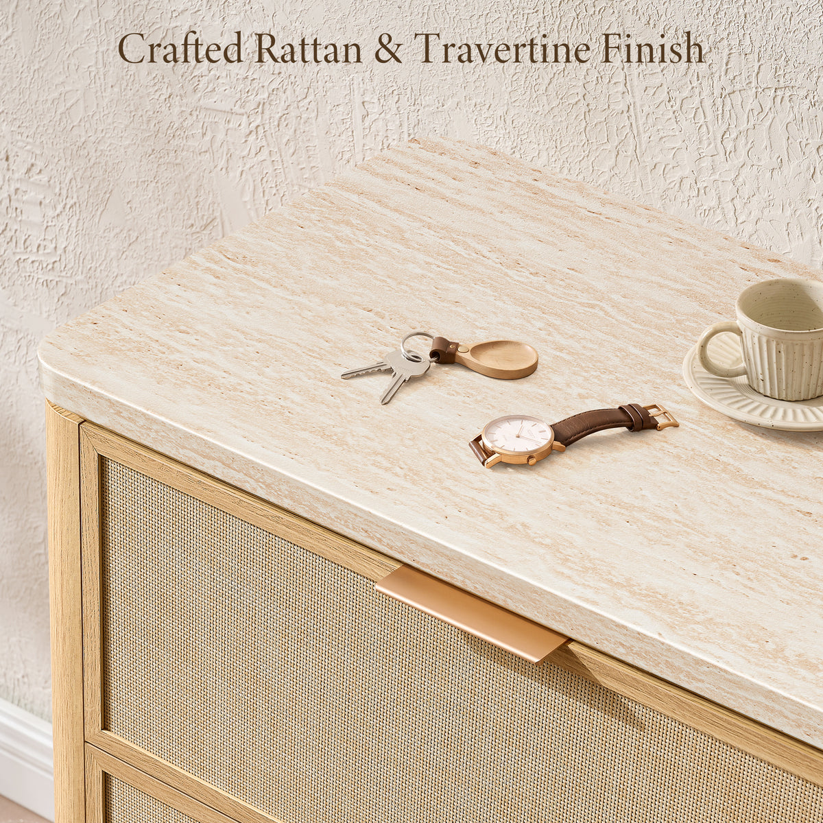 Vintagearth 9 Drawer Dresser for Bedroom, Rattan Fronts Faux Travertine Top 63.1" Wide Chest of Drawers, FSC-Certified Thick Wood, Natural Oak