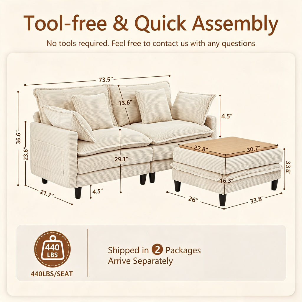 Vintagearth 73.5'' Sectional Modular Sofa Cloud Couch with 1 Ottomans & 4 Pillows Tool-free Easy Assembly for Living Room Apartment, Beige