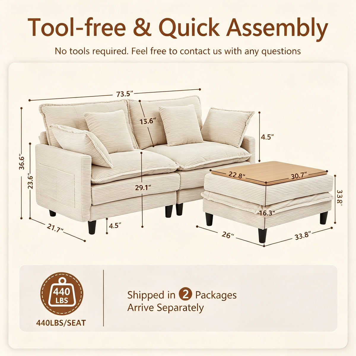 Vintagearth 73.5'' Sectional Modular Sofa Cloud Couch with 1 Ottomans & 4 Pillows Tool-free Easy Assembly for Living Room Apartment, Beige