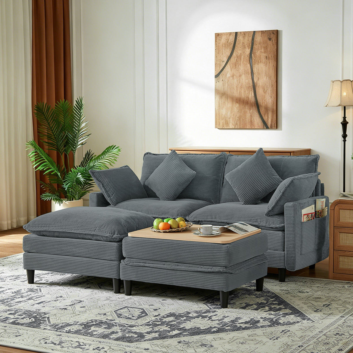 Vintagearth 73.5'' Sectional Modular Sofa Cloud Couch with 2 Ottomans & 4 Pillows Tool-free Easy Assembly for Living Room Apartment, Gray