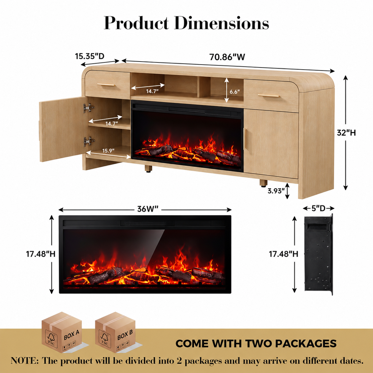 Vintagearth 70.86" Fireplace TV Stand for TVs up to 80", 36" Electric Fireplace Entertainment Center with Storage, Natural Oak
