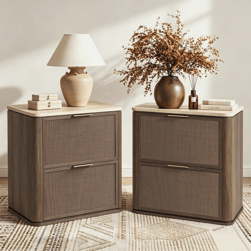Vintagearth Nightstand Set of 2, 23.11" W Rattan Faux Marble Top Bedside Table, 1.97" ThickWood End Table, 2 Drawer Storage, Dark Oak