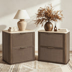 Vintagearth Nightstand Set of 2, 23.11" W Rattan Faux Marble Top Bedside Table, 1.97" ThickWood End Table, 2 Drawer Storage, Dark Oak