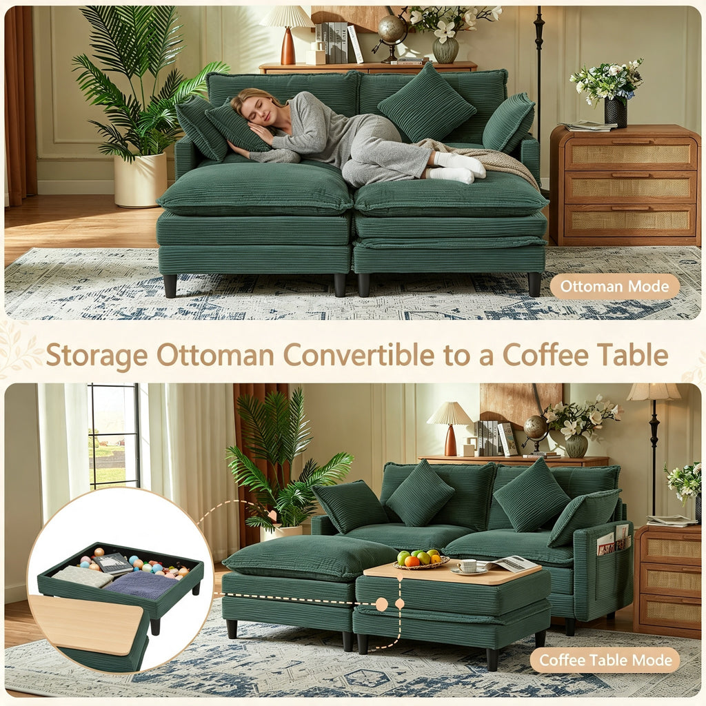 Vintagearth 73.5'' Sectional Modular Sofa Cloud Couch with 2 Ottomans & 4 Pillows Tool-free Easy Assembly for Living Room Apartment, Green