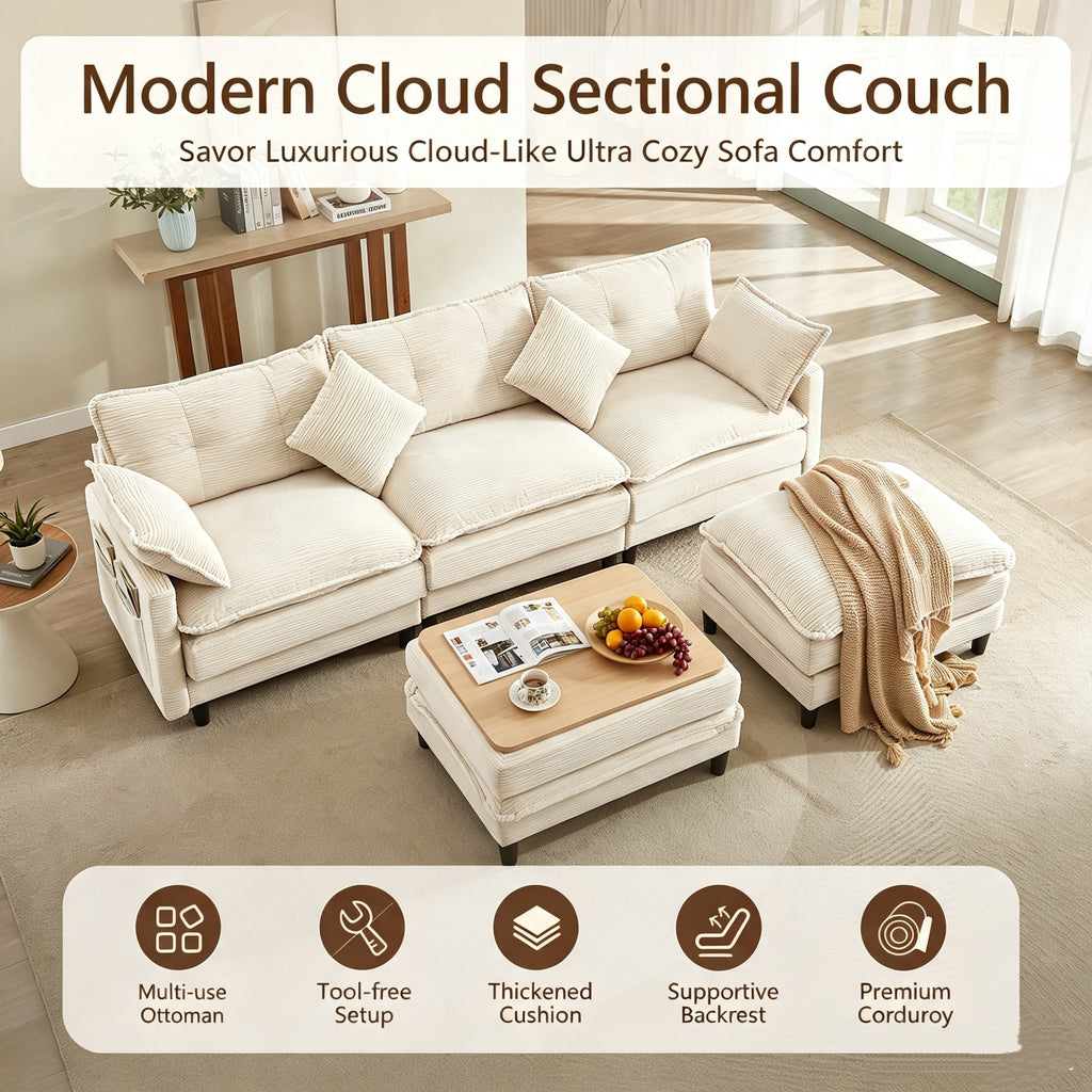 Vintagearth 108'' Modular Sectional Sofa U Shaped Cloud Couch with 2 Ottomans & 4 Pillows, Tool-free Easy Assembly for Living Room Apartment, Beige
