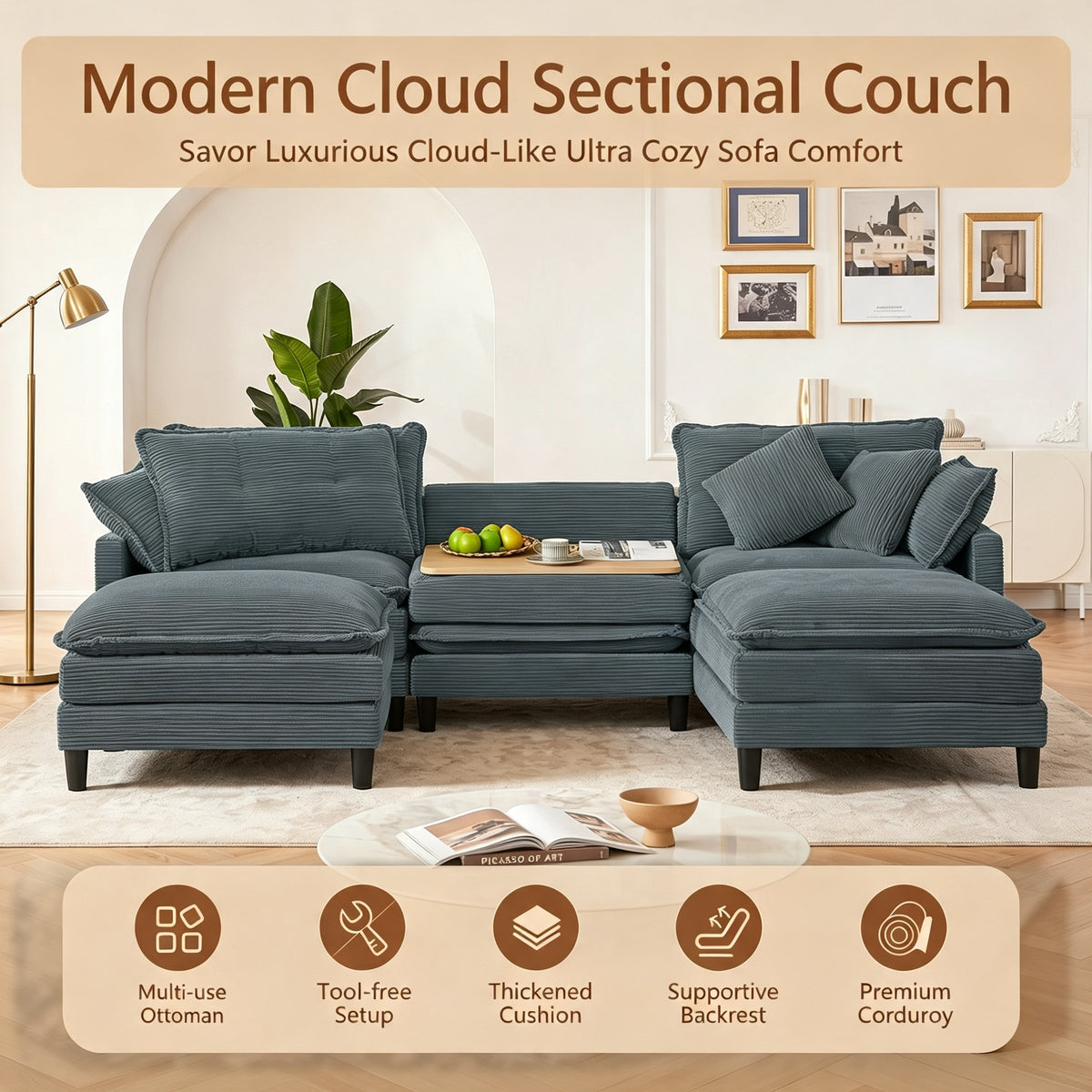 Vintagearth 108'' Cloud Couch U Shaped Modular Sectional Sofa with 2 Ottomans & 4 Pillows, Tool-free Easy Assembly for Living Room Apartment, Gray