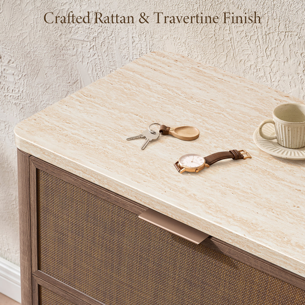 Vintagearth 6 Drawer Dresser for Bedroom, Rattan Fronts Faux Travertine Top 54.5" Wide Chest of Drawers, FSC-Certified Thick Wood, Dark Oak