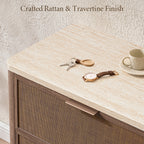 Vintagearth 6 Drawer Dresser for Bedroom, Rattan Fronts Faux Travertine Top 54.5" Wide Chest of Drawers, FSC-Certified Thick Wood, Dark Oak