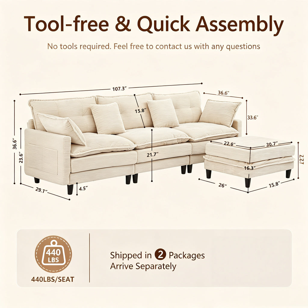 Vintagearth 108'' Sectional Modular Sofa L Shaped Cloud Couch with 1 Ottomans & 4 Pillows Tool-free Easy Assembly for Living Room Apartment, Beige