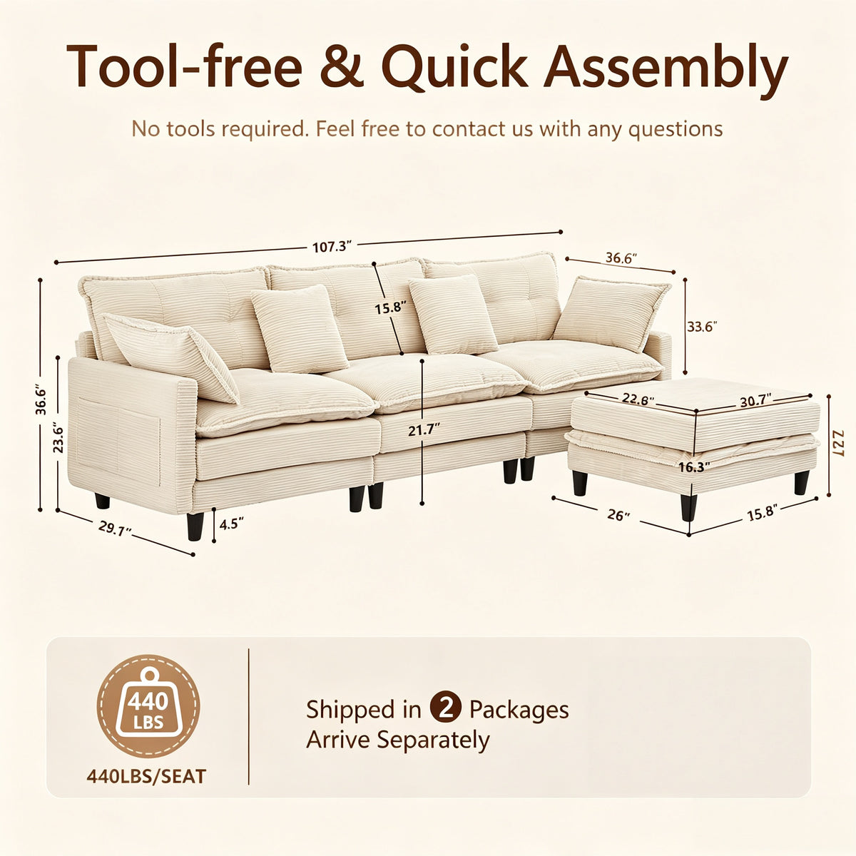 Vintagearth 108'' Sectional Modular Sofa L Shaped Cloud Couch with 1 Ottomans & 4 Pillows Tool-free Easy Assembly for Living Room Apartment, Beige
