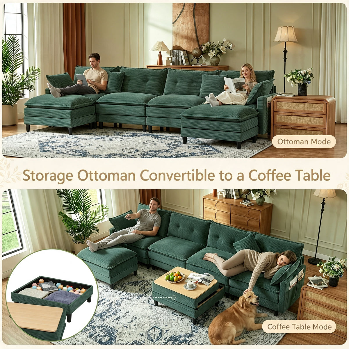 Vintagearth 141'' Cloud Couch U Shape Sectional Modular Sofa with 2 Ottomans & 4 Pillows Tool-free Easy Assembly for Living Room Apartment, Green