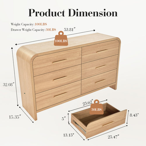 Vintagearth 3-Piece Bedroom Furniture Set with 6 Drawer Dresser and 2 Nightstands, Modern Oak Storage Cabinet Set with Rounded Corners, 1.18" FSC-Certified Wood, Oak
