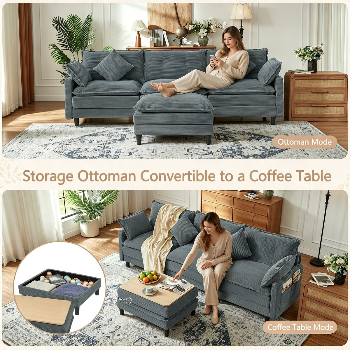 Vintagearth 108'' Sectional Modular Sofa L Shaped Cloud Couch with 1 Ottomans & 4 Pillows Tool-free Easy Assembly for Living Room Apartment, Gray