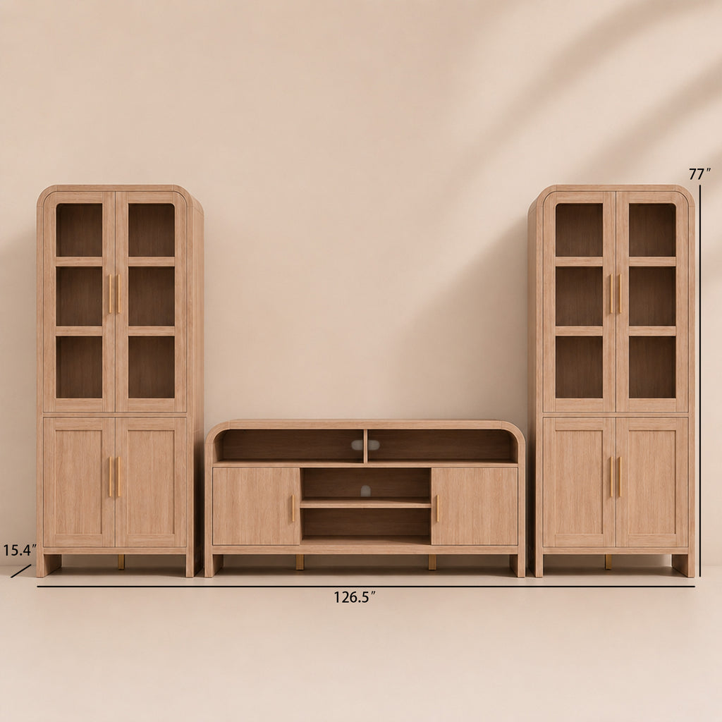 Vintagearth 3-Piece Oak TV Stand Set for TVs up to 65", Modern Entertainment Center with 2 Tall Storage Cabinets, Adjustable Shelves, Cable Management, FSC-Certified Engineered Wood, Oak