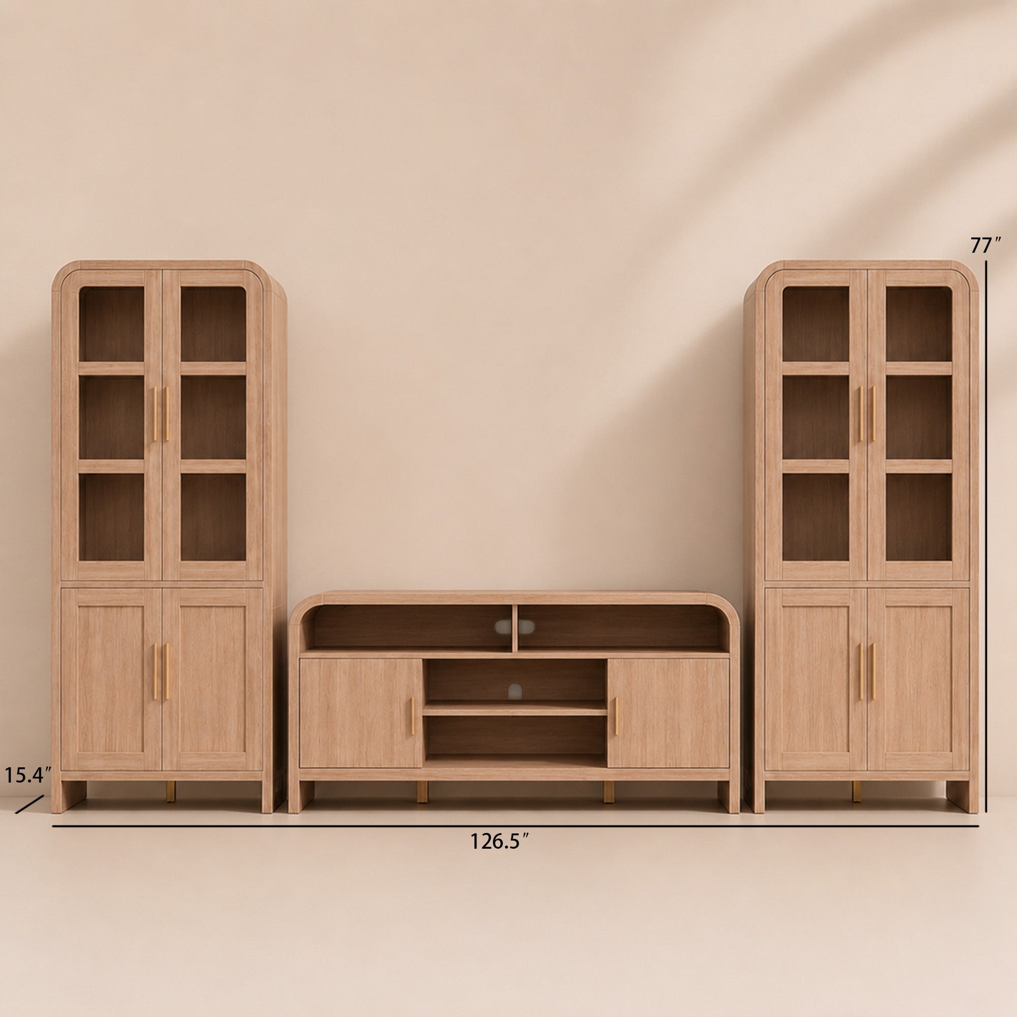 Vintagearth 3-Piece Oak TV Stand Set for TVs up to 65", Modern Entertainment Center with 2 Tall Storage Cabinets, Adjustable Shelves, Cable Management, FSC-Certified Engineered Wood, Oak