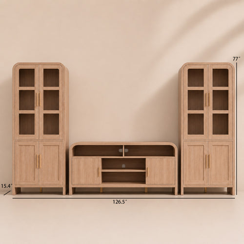 Vintagearth 3-Piece Oak TV Stand Set for TVs up to 65", Modern Entertainment Center with 2 Tall Storage Cabinets, Adjustable Shelves, Cable Management, FSC-Certified Engineered Wood, Oak