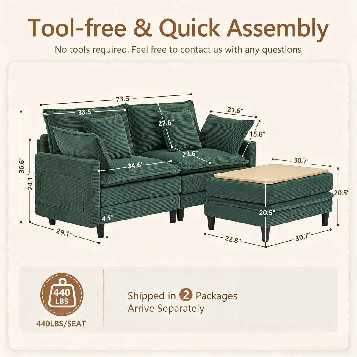 Vintagearth 73.5'' Sectional Modular Sofa Cloud Couch with 1 Ottomans & 4 Pillows Tool-free Easy Assembly for Living Room Apartment, Green