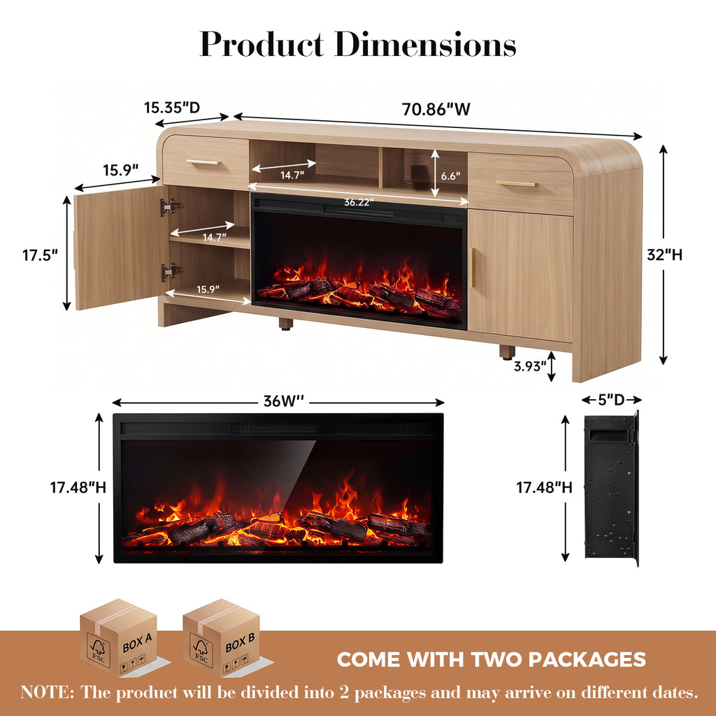 Vintagearth 70.86" Fireplace TV Stand for TVs up to 80", 36" Electric Fireplace Entertainment Center with Storage, Oak
