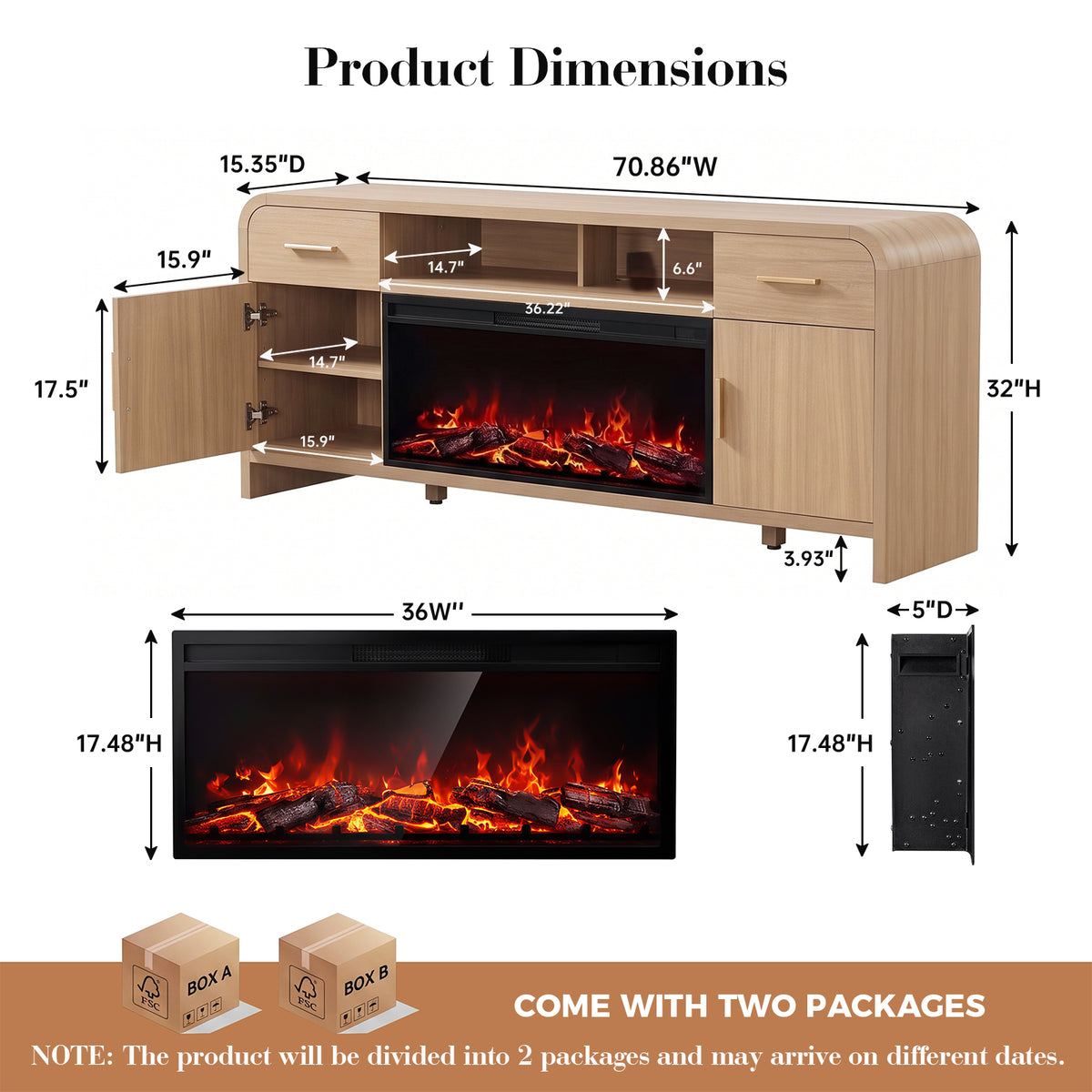 Vintagearth 70.86" Fireplace TV Stand for TVs up to 80", 36" Electric Fireplace Entertainment Center with Storage, Oak