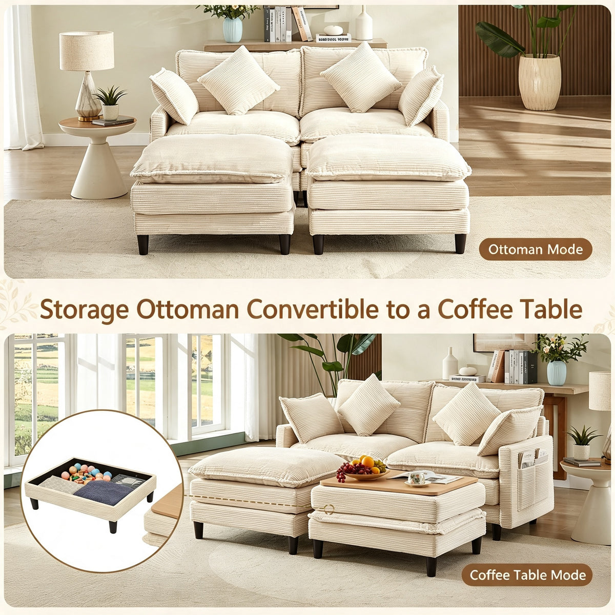 Vintagearth 73.5'' Sectional Modular Sofa Cloud Couch with 2 Ottomans & 4 Pillows Tool-free Easy Assembly for Living Room Apartment, Beige