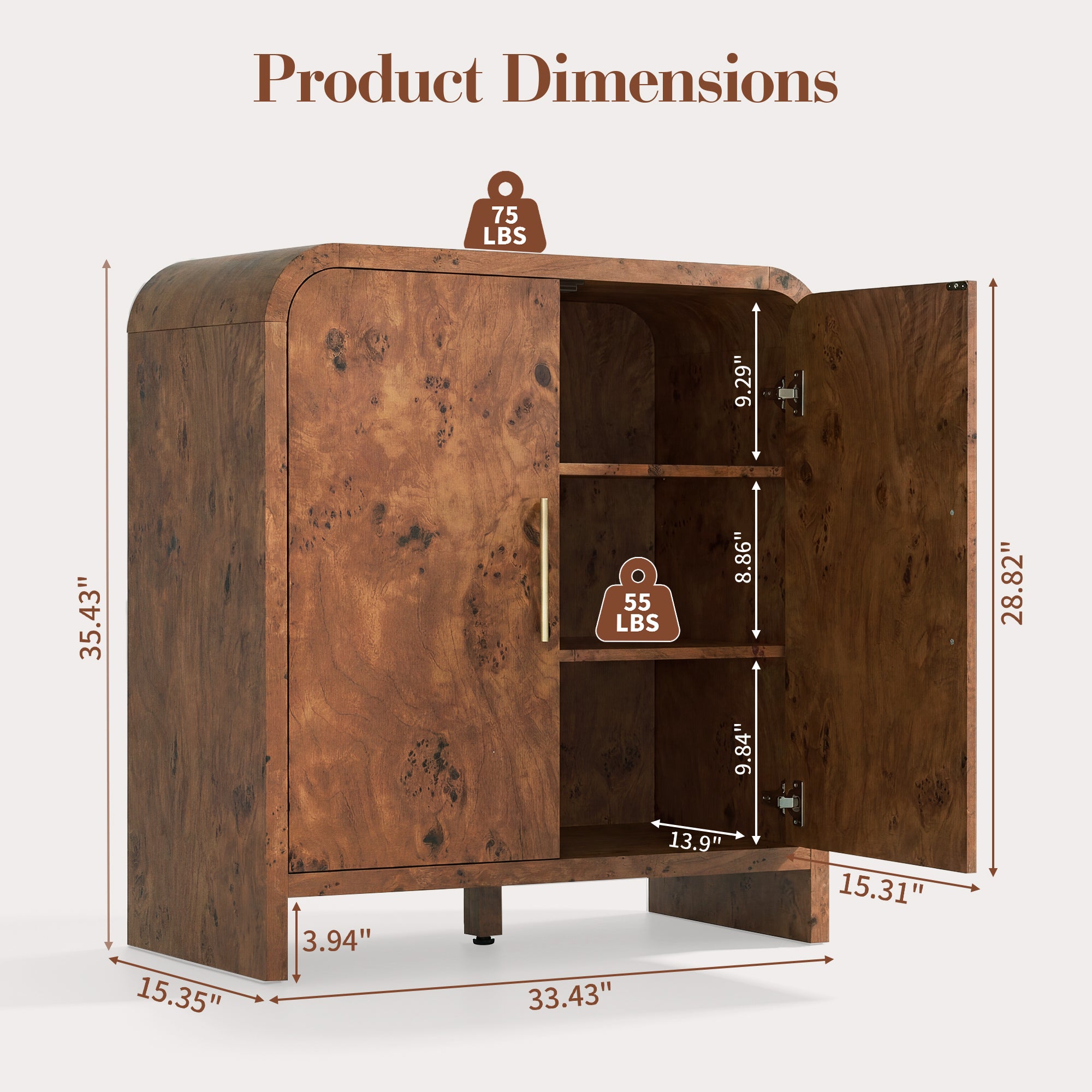 Vintagearth 33.4" Sideboard Buffet Cabinet with 2 Door, 1.18" Thick FSC-Certified Wood Storage Cabinet with Adjustable Shelf for Kitchen, Living Room, Entryway, Dark Burl, 2 pc