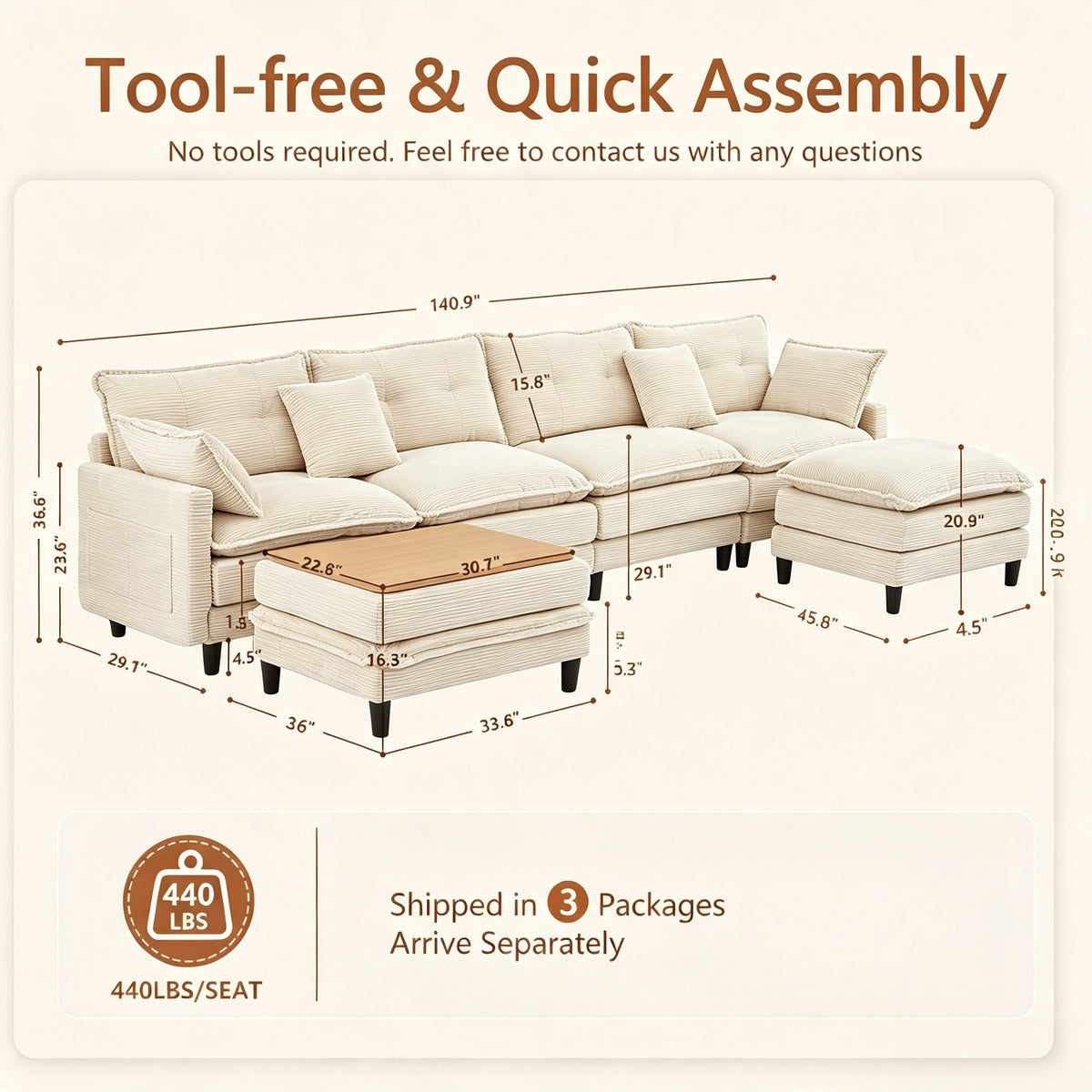 Vintagearth 141'' Modular Sectional Cloud Couch U Shaped with 2 Movable Ottomans & 4 Pillows Tool-free Easy Assembly for Living Room Apartment, Beige