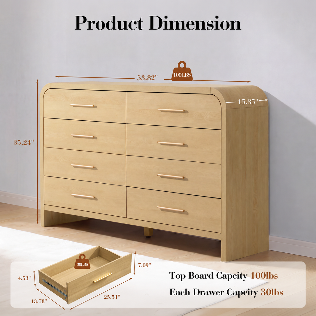 Vintagearth 8 Drawers Dresser for Bedroom, Curved FSC-certified Wood 1.18" Thick Board Dressers & Chests of Drawers for Living Room, Hallway, Entryway, Golden Oak