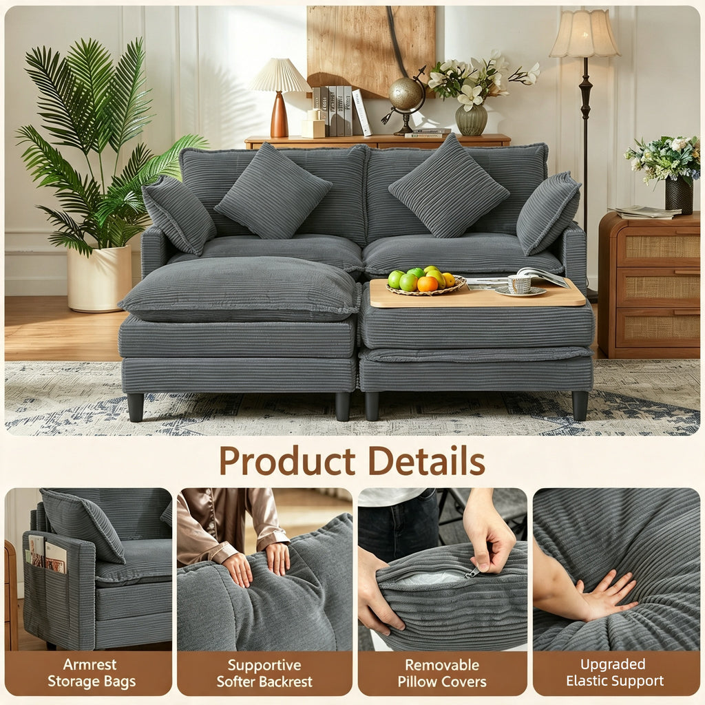 Vintagearth 73.5'' Sectional Modular Sofa Cloud Couch with 2 Ottomans & 4 Pillows Tool-free Easy Assembly for Living Room Apartment, Gray