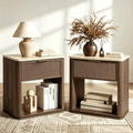 Vintagearth Nightstand Set of 2, 23.11" W Rattan Faux Marble Top Bedside Table, FSC-Certified 1.97" Thick Wood End Table, 1 Drawer & 1 Open Storage Shelf, Dark Oak