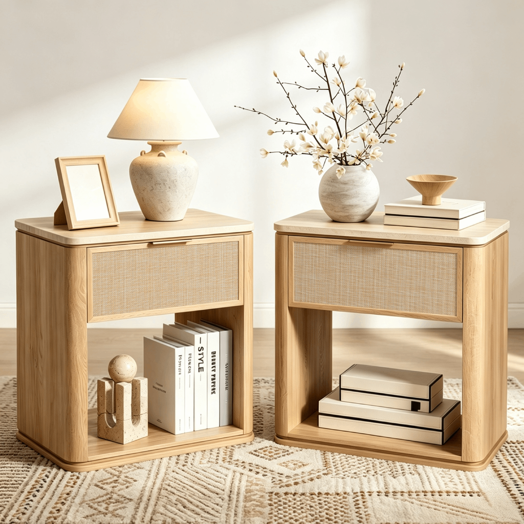 Vintagearth Nightstand Set of 2, 23.11" W Rattan Faux Marble Top Bedside Table, FSC-Certified 1.97" Thick Wood End Table, 1 Drawer & 1 Open Storage Shelf, Natural Oak