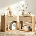 Vintagearth Nightstand Set of 2, 23.11" W Rattan Faux Marble Top Bedside Table, FSC-Certified 1.97" Thick Wood End Table, 1 Drawer & 1 Open Storage Shelf, Natural Oak