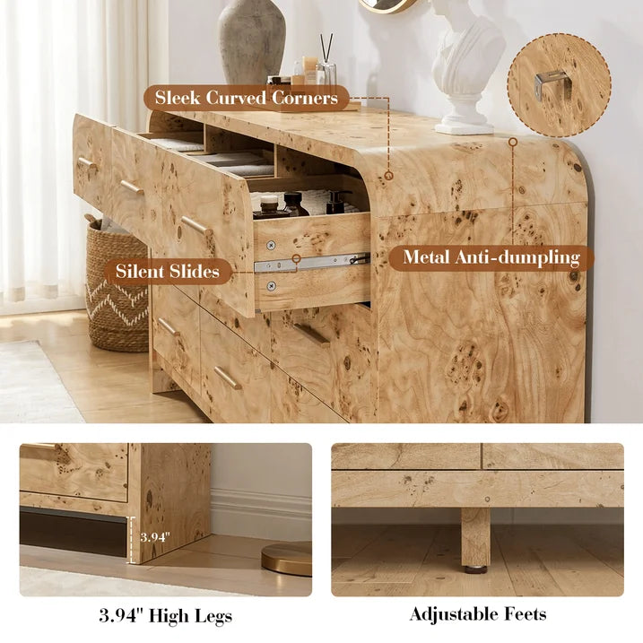 Vintagearth 9 Drawers Dresser for Bedroom, Curved FSC-certified Wood 1.18" Thick Board Dressers & Chests of Drawers for Living Room, Hallway, Entryway, Light Burl