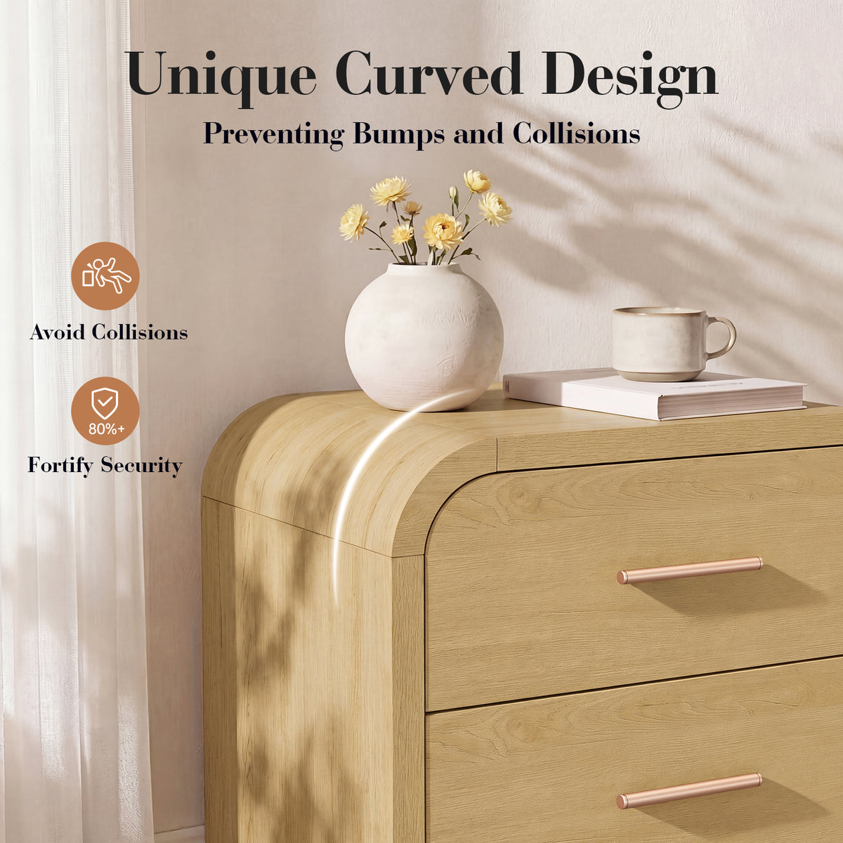 Vintagearth Nightstand Set of 2, 23.42" Wide Modern Curved Bedside Table, FSC-Certified Wood End Table, 2 Drawer Storage, Natural Oak
