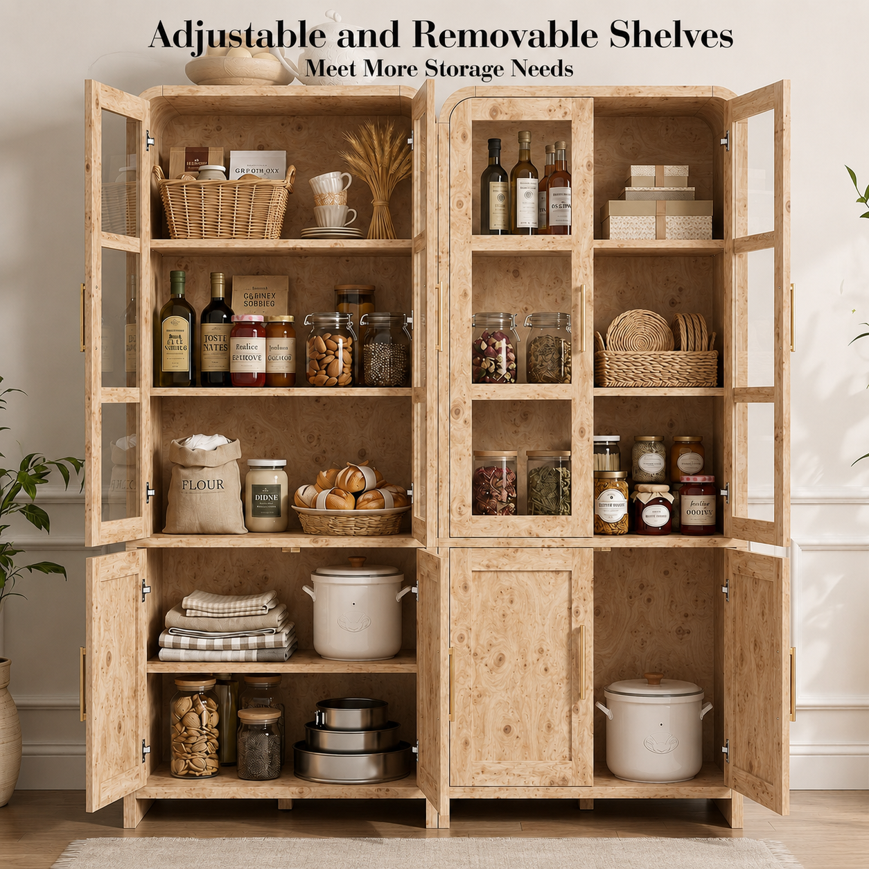 Vintagearth 77" Tall Kitchen Pantry Cabinet, 1.18'' Thick Panel Curved Storage Cupboard with Adjustable Shelf, Freestanding Organizer for Kitchen, Dining Room, Light Burl, 2 pc