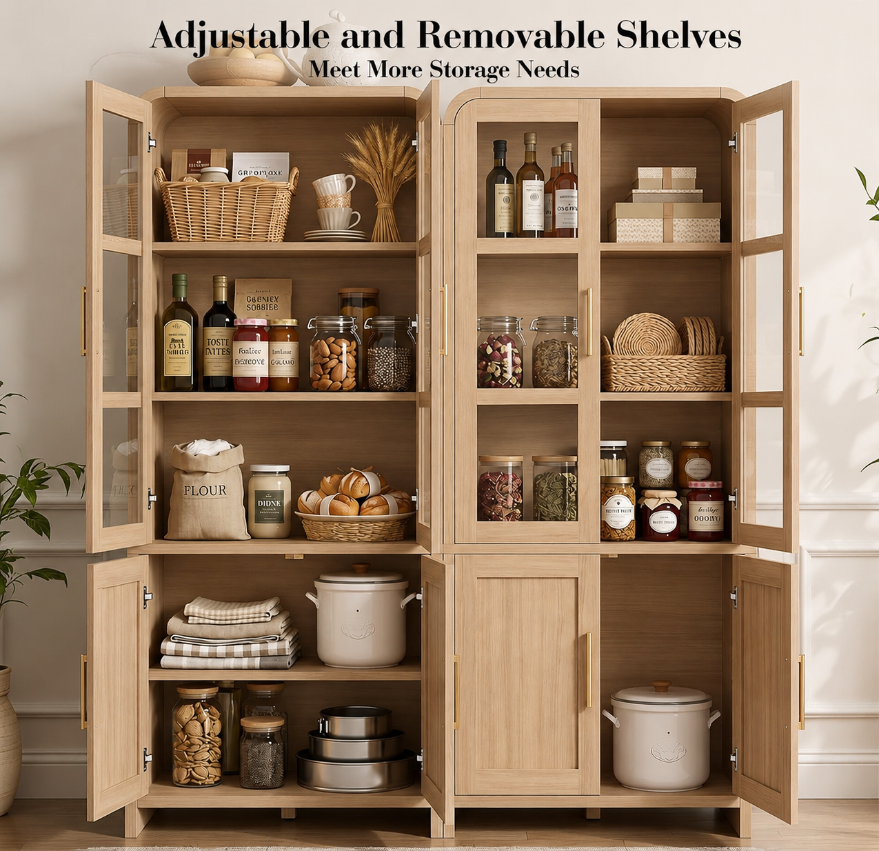 Vintagearth 77" Tall Kitchen Pantry Cabinet, 1.18'' Thick Panel Curved Storage Cupboard with Adjustable Shelf, Freestanding Organizer for Kitchen, Dining Room, Oak, 2 pc