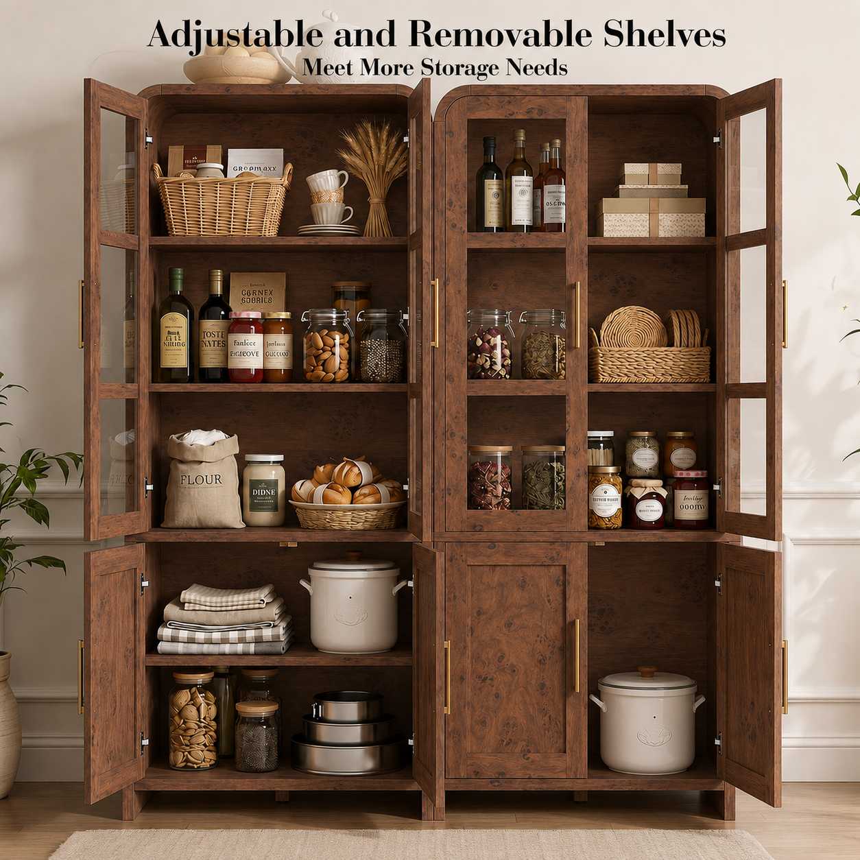 Vintagearth 77" Tall Kitchen Pantry Cabinet, 1.18'' Thick Panel Curved Storage Cupboard with Adjustable Shelf, Freestanding Organizer for Kitchen, Dining Room, Dark Burl, 2 pc